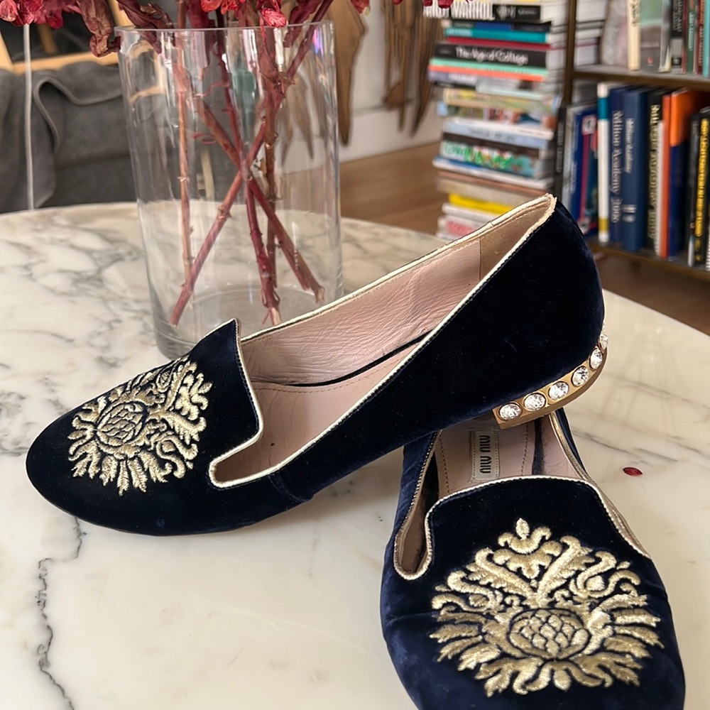 Miu Miu flats smoking slippers loafers velour and gems